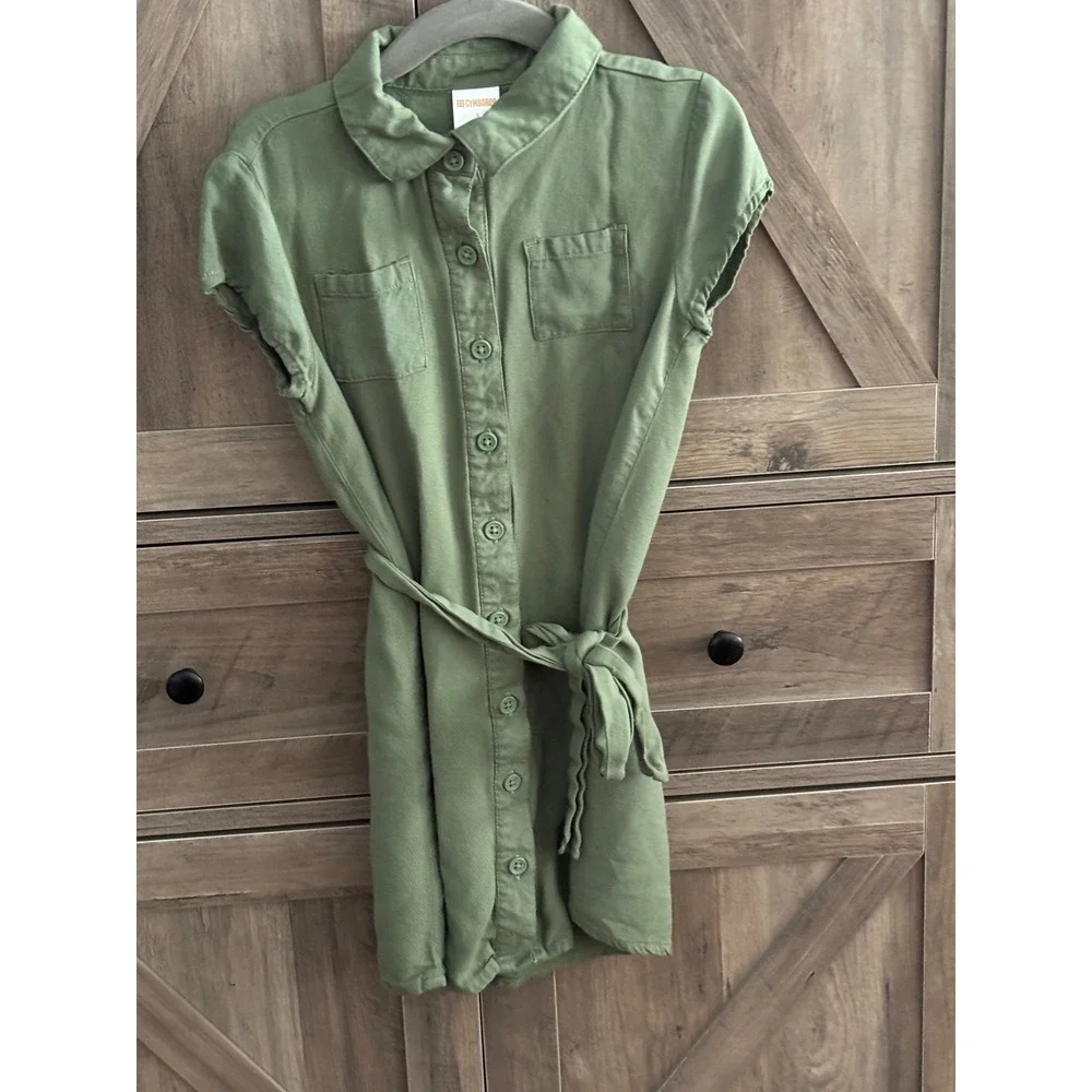 Gymboree Girls Olive Green Utility Shirt Dress Button Front Tie Waist Size 5